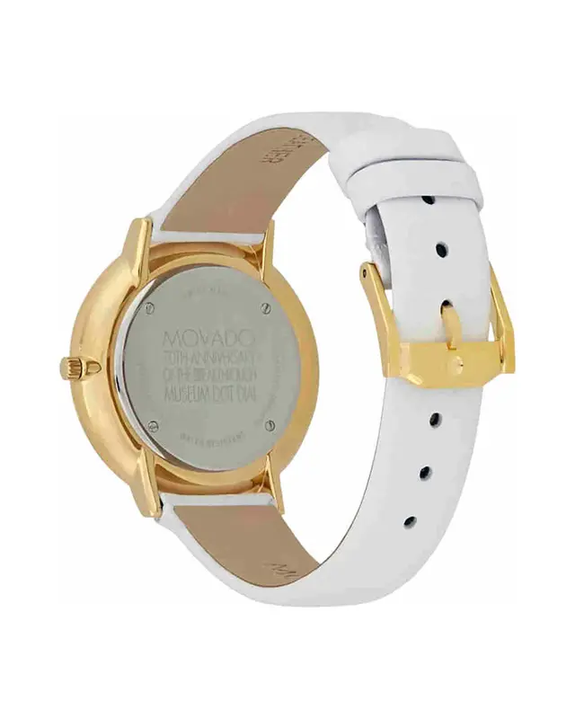 0607138 שעון לאישה של מובאדו שוויץ | מהדורה מיוחדת ל70 שנה לסדרת מוזיאון | שעון קלאסי אלגנטי ברצועת עור לבנה | באזל זהב | Movado Museum 70th Anniversary White Dial Ladies Watch 0607138