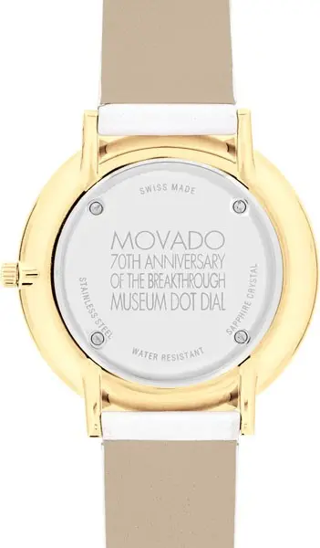 0607138 שעון לאישה של מובאדו שוויץ | מהדורה מיוחדת ל70 שנה לסדרת מוזיאון | שעון קלאסי אלגנטי ברצועת עור לבנה | באזל זהב | Movado Museum 70th Anniversary White Dial Ladies Watch 0607138