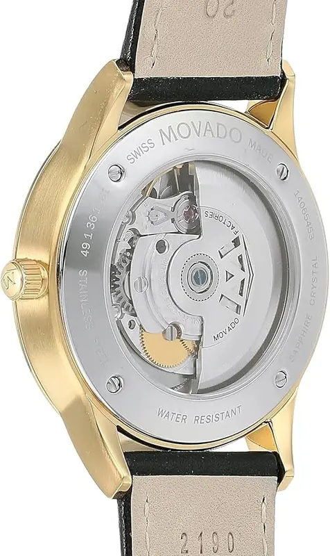 0606875 שעון יד מובאדו יבואן רשמי לגברים | דגם זהב אוטומטי ברצועת עור | לוח שחור מיוחד עם חלון אחרי שקוף | מלאי מוגבל | Automatic Black Dial Black Leather Men';s Watch 0606875 by Movado