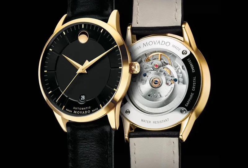 0606875 שעון יד מובאדו יבואן רשמי לגברים | דגם זהב אוטומטי ברצועת עור | לוח שחור מיוחד עם חלון אחרי שקוף | מלאי מוגבל | Automatic Black Dial Black Leather Men';s Watch 0606875 by Movado