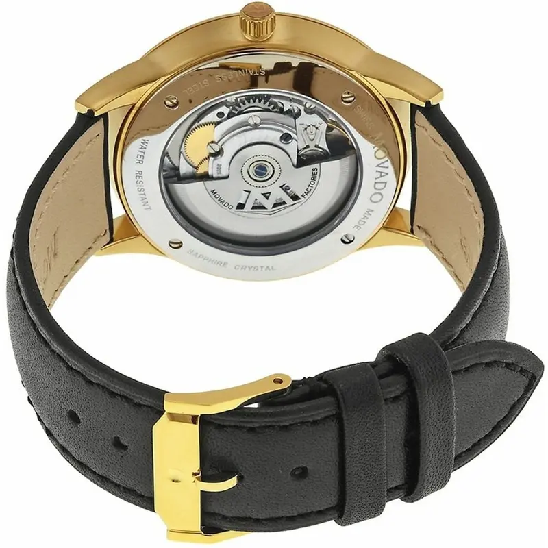 0606875 שעון יד מובאדו יבואן רשמי לגברים | דגם זהב אוטומטי ברצועת עור | לוח שחור מיוחד עם חלון אחרי שקוף | מלאי מוגבל | Automatic Black Dial Black Leather Men';s Watch 0606875 by Movado