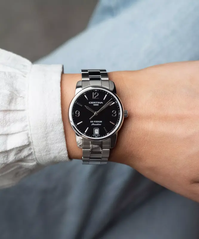 C034.210.11.057.00 שעון סרטינה לנשים מסדרת פודיום | לוח שחור מספרים זרחני | 5 שנות אחריות | שעון יוקרה שווצרי לנשים| Certina Urban DS Podium Lady Women';s Watch C0342101105700