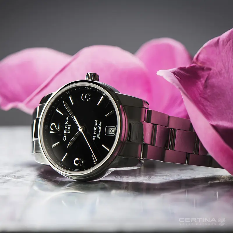 C034.210.11.057.00 שעון סרטינה לנשים מסדרת פודיום | לוח שחור מספרים זרחני | 5 שנות אחריות | שעון יוקרה שווצרי לנשים| Certina Urban DS Podium Lady Women';s Watch C0342101105700
