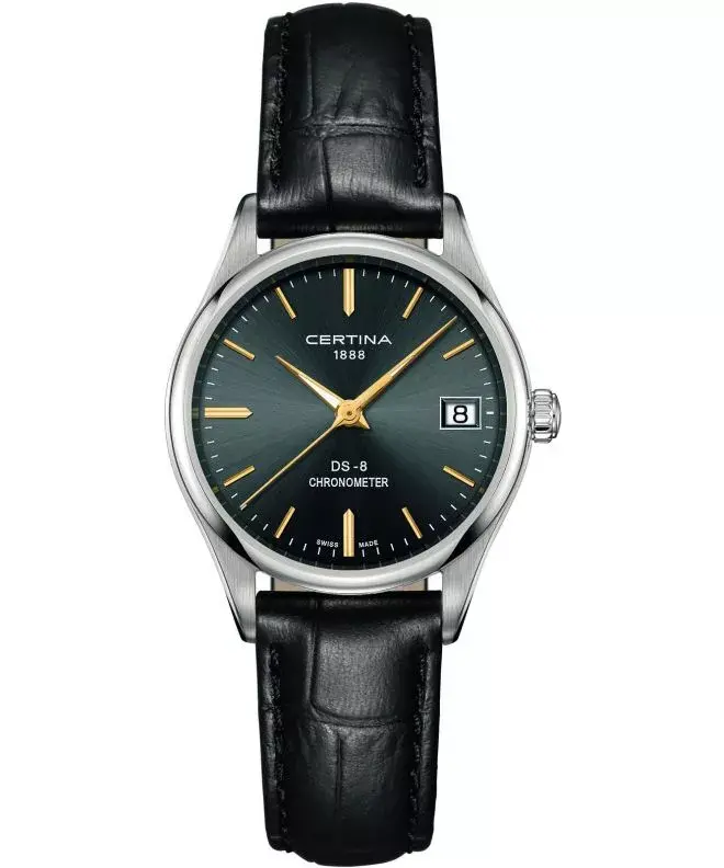 C033.251.16.351.01 שעון יד סרטינה לנשים | דגם די אס 8 בלוח שחור מיוחד | מחוגים זהב למראה יוקרתי | מנגנון שווצרי כרונומטר מדוייק | רצועת עור עם 5 שנים אחריות | C0332511635101 Certina DS-8 Lady ladies w
