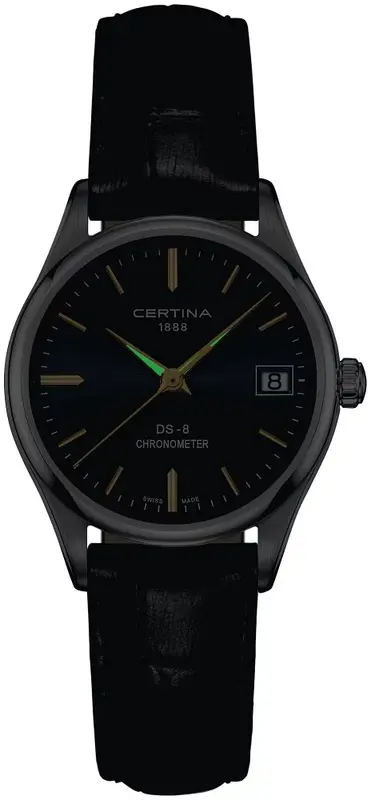 C033.251.16.351.01 שעון יד סרטינה לנשים | דגם די אס 8 בלוח שחור מיוחד | מחוגים זהב למראה יוקרתי | מנגנון שווצרי כרונומטר מדוייק | רצועת עור עם 5 שנים אחריות | C0332511635101 Certina DS-8 Lady ladies w