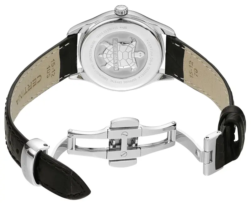 C033.251.16.351.01 שעון יד סרטינה לנשים | דגם די אס 8 בלוח שחור מיוחד | מחוגים זהב למראה יוקרתי | מנגנון שווצרי כרונומטר מדוייק | רצועת עור עם 5 שנים אחריות | C0332511635101 Certina DS-8 Lady ladies w