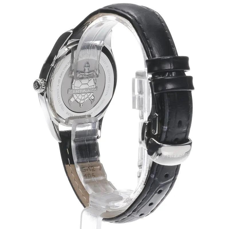 C033.251.16.351.01 שעון יד סרטינה לנשים | דגם די אס 8 בלוח שחור מיוחד | מחוגים זהב למראה יוקרתי | מנגנון שווצרי כרונומטר מדוייק | רצועת עור עם 5 שנים אחריות | C0332511635101 Certina DS-8 Lady ladies w