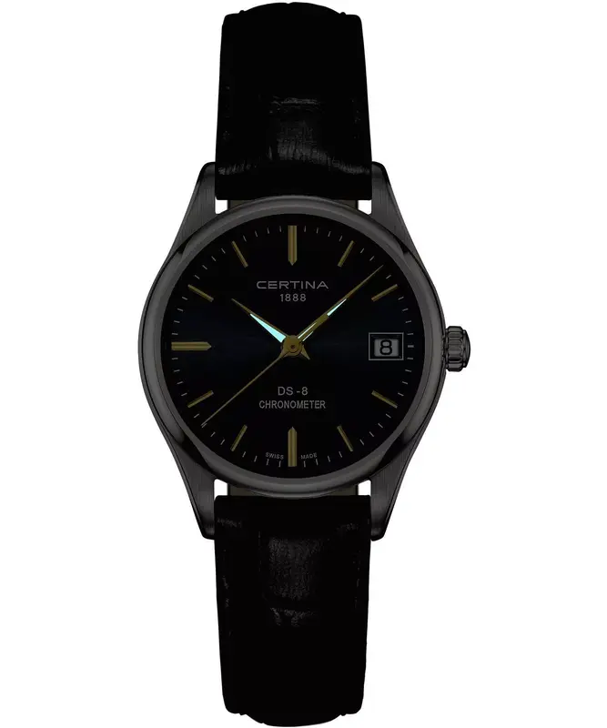 C033.251.16.351.01 שעון יד סרטינה לנשים | דגם די אס 8 בלוח שחור מיוחד | מחוגים זהב למראה יוקרתי | מנגנון שווצרי כרונומטר מדוייק | רצועת עור עם 5 שנים אחריות | C0332511635101 Certina DS-8 Lady ladies w