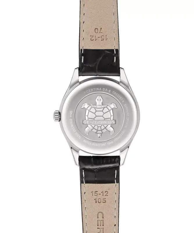 C033.251.16.351.01 שעון יד סרטינה לנשים | דגם די אס 8 בלוח שחור מיוחד | מחוגים זהב למראה יוקרתי | מנגנון שווצרי כרונומטר מדוייק | רצועת עור עם 5 שנים אחריות | C0332511635101 Certina DS-8 Lady ladies w
