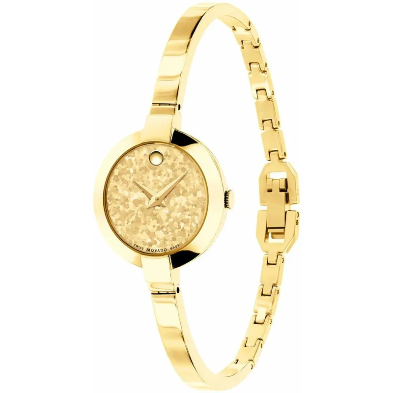 0607018 שעון מיוחד לאישה של מובאדו שוויץ | דגם צמיד בלוח נצנצים | שעון שווצרי איכותי כולל שנתיים אחריות יבואן רשמי| מלאי מוגבל | Movado Yellow Gold Stainless Steel Ladies Watch 0607018