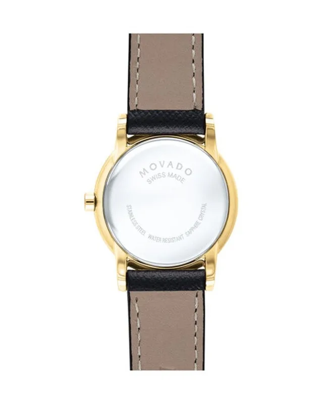 0607205 שעון מובאדו לנשים מסדרת מוזיאון | שעון זהב ברצועת עור שחורה | דגם קלאסי אלגנטי שווצרי | שנתיים אחריות יבואן רשמי | מלאי מוגבל | Movado 0607205 Museum 28mm Women';s Black Leather