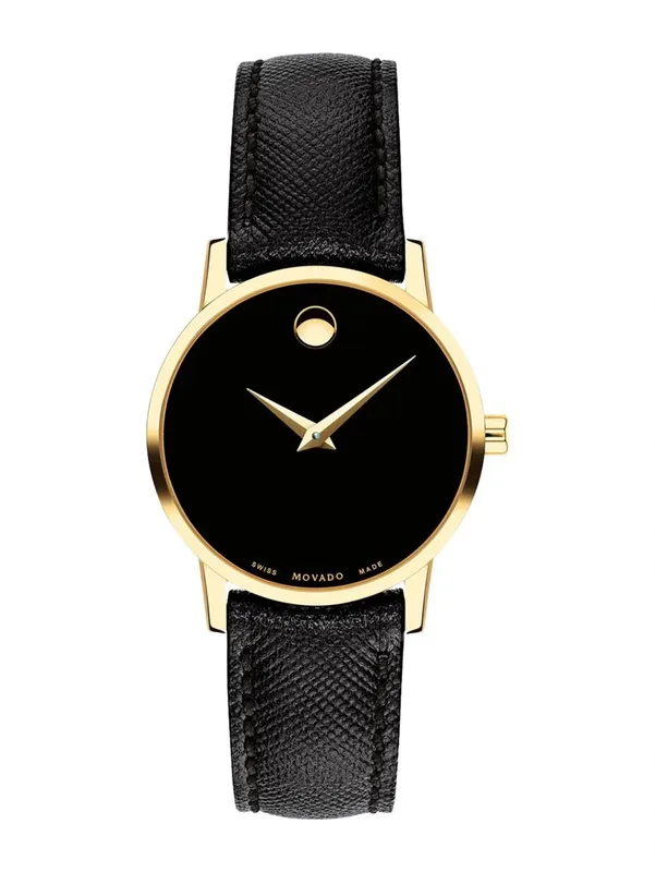 0607205 שעון מובאדו לנשים מסדרת מוזיאון | שעון זהב ברצועת עור שחורה | דגם קלאסי אלגנטי שווצרי | שנתיים אחריות יבואן רשמי | מלאי מוגבל | Movado 0607205 Museum 28mm Women';s Black Leather