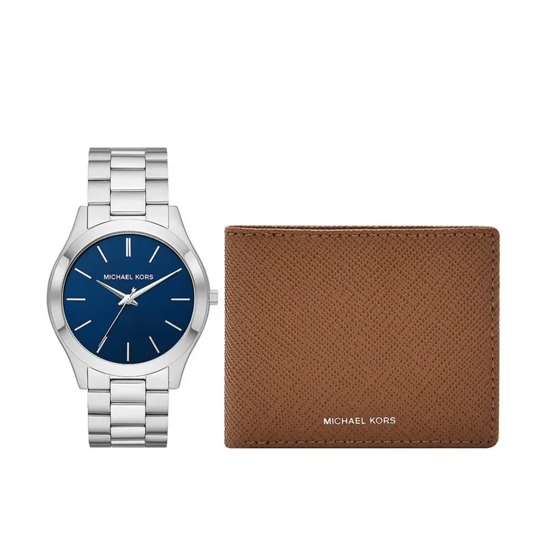 MK1060SET שעון מייקל קורס יבואן רשמי לגברים | דגם לגברים במארז מתנה כולל ארנק | לוח כחול פסים עם שנתיים אחריות פלאנט | Michael Kors MK1060SET Mens Slim Runway Watch