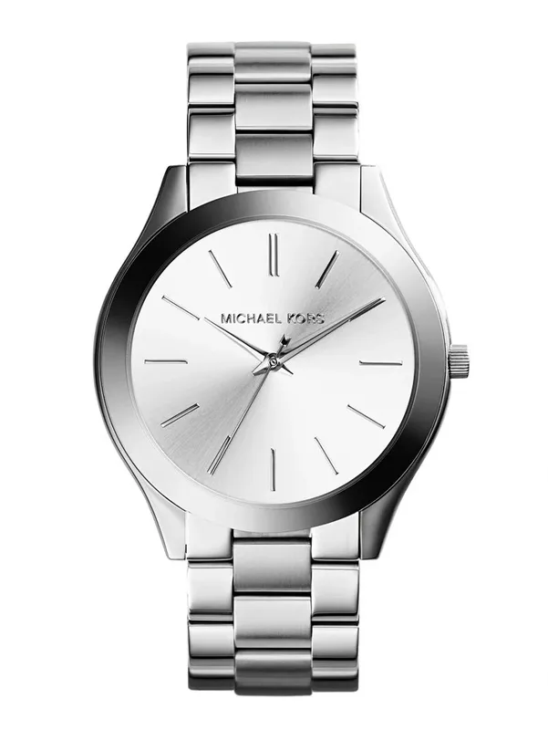 MK3178 שעון מייקל קורס יבואן רשמי יוניסקס | דגם 42 מ';';מ בלוח כסוף פסים אינדקס | רצועת פלדת אל חלד | שנתיים אחריות של פלאנט | Michael Kors Runway MK3178 SLIM RUNWAY