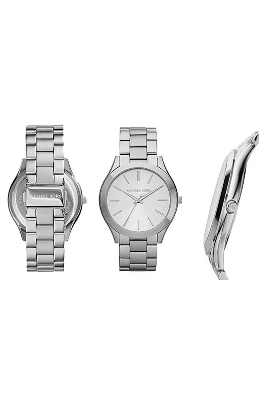 MK3178 שעון מייקל קורס יבואן רשמי יוניסקס | דגם 42 מ';';מ בלוח כסוף פסים אינדקס | רצועת פלדת אל חלד | שנתיים אחריות של פלאנט | Michael Kors Runway MK3178 SLIM RUNWAY