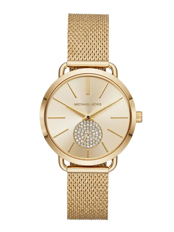 MK3844 שעון מייקל קורס יבואן רשמי | דגם זהב לאישה | לוח פסים עם שעון שניות קטן משובץ קריסטלים| רצועת רשת אופנתית | שנתיים אחריות פלאנט טיים | Michael Kors Watch For Women MK3844 With Gold Dial