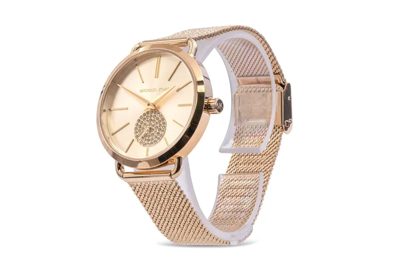 MK3844 שעון מייקל קורס יבואן רשמי | דגם זהב לאישה | לוח פסים עם שעון שניות קטן משובץ קריסטלים| רצועת רשת אופנתית | שנתיים אחריות פלאנט טיים | Michael Kors Watch For Women MK3844 With Gold Dial