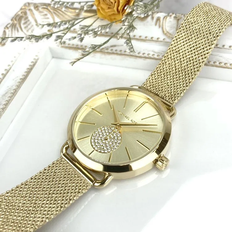 MK3844 שעון מייקל קורס יבואן רשמי | דגם זהב לאישה | לוח פסים עם שעון שניות קטן משובץ קריסטלים| רצועת רשת אופנתית | שנתיים אחריות פלאנט טיים | Michael Kors Watch For Women MK3844 With Gold Dial