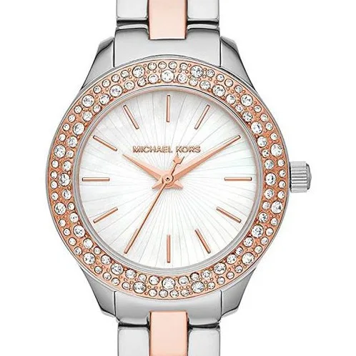 MK4559 שעון מייקל קורס לאישה יבואן רשמי | דגם חדש משולב זהב רוז | מובץ זרקונים | לוח לבן פנינה פסים | שנתיים אחריות פלאנט טיים | Michael Kors Ladies Watch Liliane MK4559
