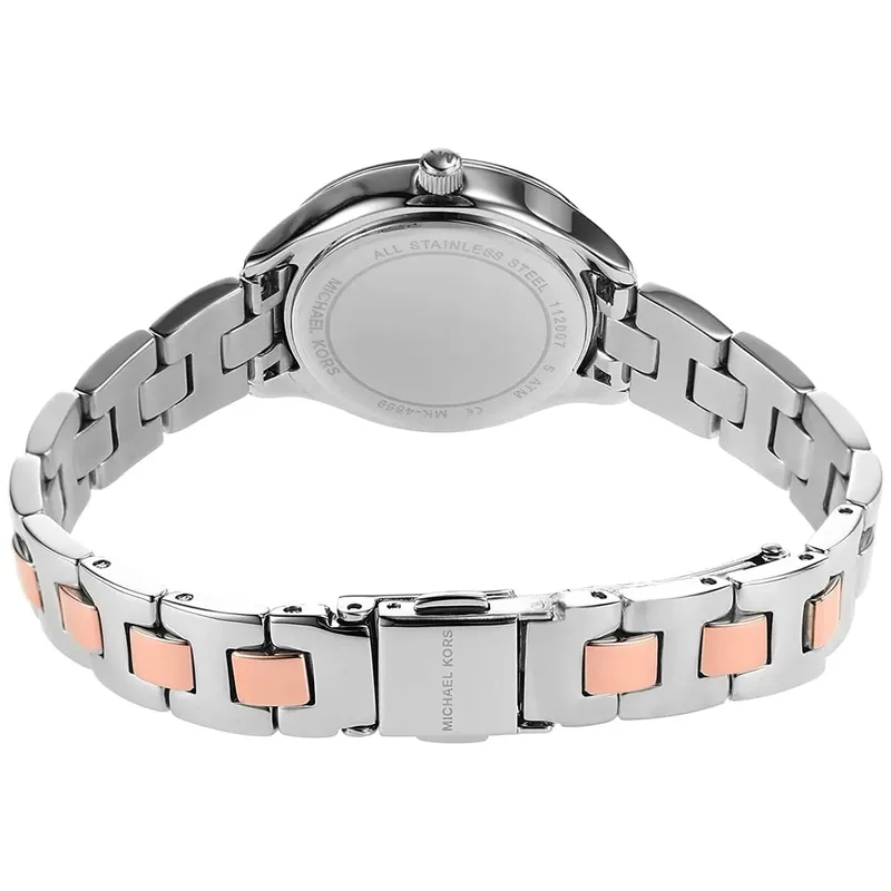 MK4559 שעון מייקל קורס לאישה יבואן רשמי | דגם חדש משולב זהב רוז | מובץ זרקונים | לוח לבן פנינה פסים | שנתיים אחריות פלאנט טיים | Michael Kors Ladies Watch Liliane MK4559