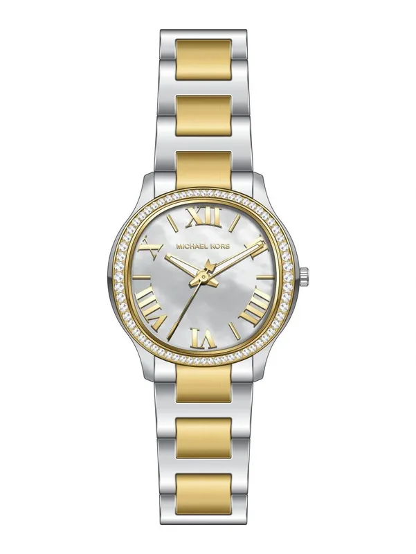 MK4910 שעון מייקל קורס יבואן רשמי | דגם חדש לאישב משולב זהב בלוח פנינה רומי | באזל משובץ זרקונים כולל שנתיים אחריות פלאנטי טיים | Michael Kors Sage Quartz Ladies Watch MK4910