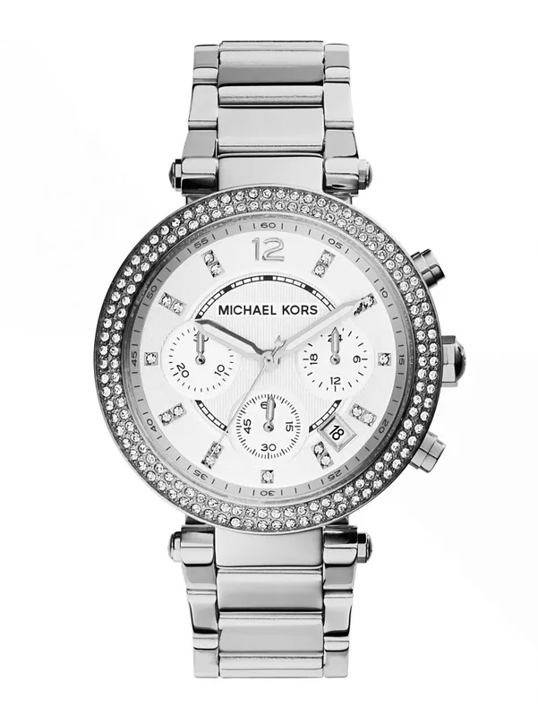 MK5353 שעון מייקל קורס לאישה יבואן רשמי | דגם כרונוגרף גדול בלוח לבן משובץ קריסטלים | שנתיים אחריות פלאנט טיים | Michael Kors Ladies Parker Watch MK5353