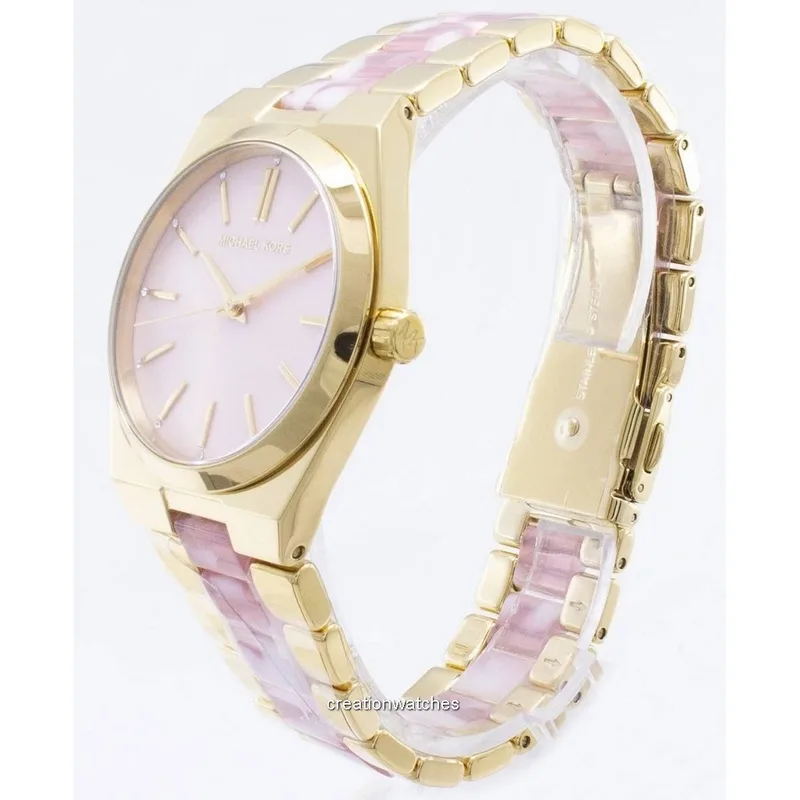 MK6650 שעון מייקל קורס יבואן רשמי | דגם לאישה חדש בלוח פנינה ורוד משובץ קריסטלים | רצועה משולבת בצבע ורוד | שנתיים אחריות פלאנט טיים | Michael Kors Channing Mk6650 Quartz Analog Women';s