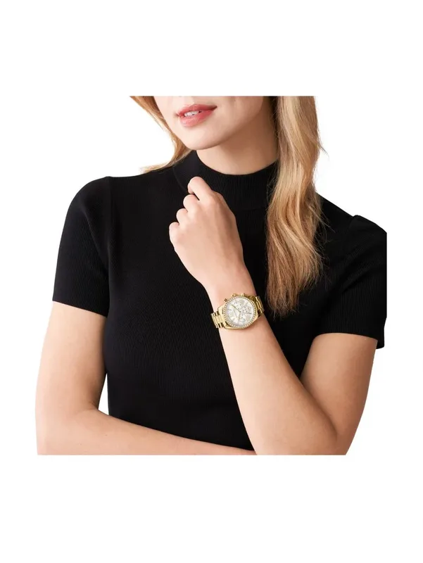 MK7241 שעון מייקל קורס יבואן רשמי | דגם זהב משובץ זרקונים בלוח פנינה לבן רומי | כרונוגרף | שנתיים אחריות פלאנט טיים | Michael Kors Lexington Round Dial Women - MK7241