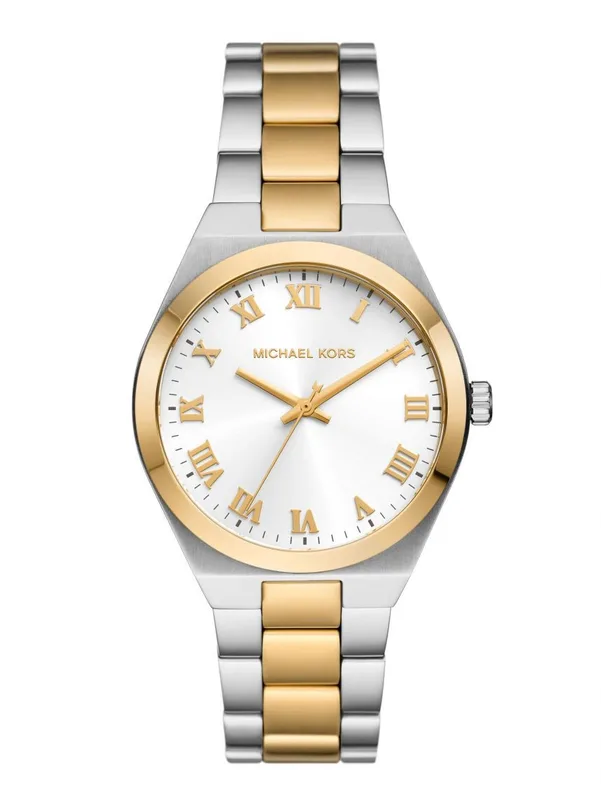 MK7464 שעון מייקל קורס יבואן רשמי לנשים | דגם משולב זהב | לוח רומי לבן קלאסי ואלגנטי | מלאי מוגבל | כולל שנתיים אחריות פלאנט |Michael Kors Lennox Steel Bracelet White Dial Women';s Watch MK7464