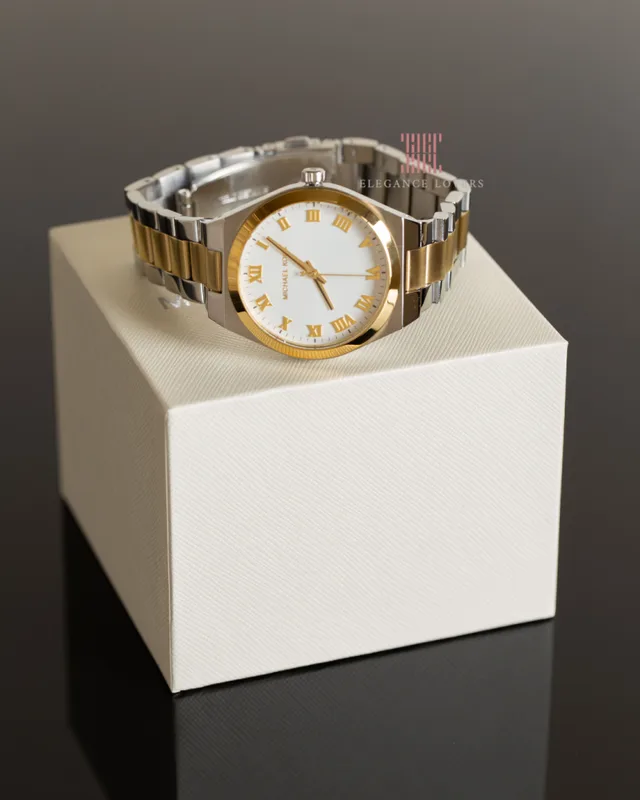 MK7464 שעון מייקל קורס יבואן רשמי לנשים | דגם משולב זהב | לוח רומי לבן קלאסי ואלגנטי | מלאי מוגבל | כולל שנתיים אחריות פלאנט |Michael Kors Lennox Steel Bracelet White Dial Women';s Watch MK7464