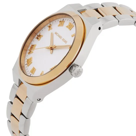 MK7464 שעון מייקל קורס יבואן רשמי לנשים | דגם משולב זהב | לוח רומי לבן קלאסי ואלגנטי | מלאי מוגבל | כולל שנתיים אחריות פלאנט |Michael Kors Lennox Steel Bracelet White Dial Women';s Watch MK7464