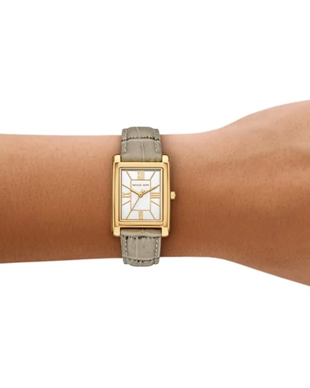 MK4964 מייקל קורס שעון יבואן רשמי ובלעדי 100% מקורי | דגם חדש לאישה מלבני זהב | ברצועת עור אלגנטית | לוח רומי | שנתיים אחריות פלאנט | Essex Quartz Women 26 mm MK4964