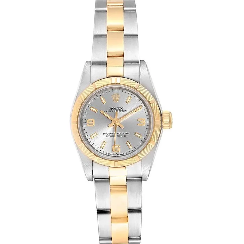 76193 שעון רולקס לאישה 26 מ';';מ בלוח אפור נדיר ומיוחד | באזל ורצועת זהב 18K | שעון יד 2 שמור מאד לאחר סרוויס מלא כולל אחריות | Rolex Oyster Perpetual Steel Yellow Gold Ladies Watch 76193