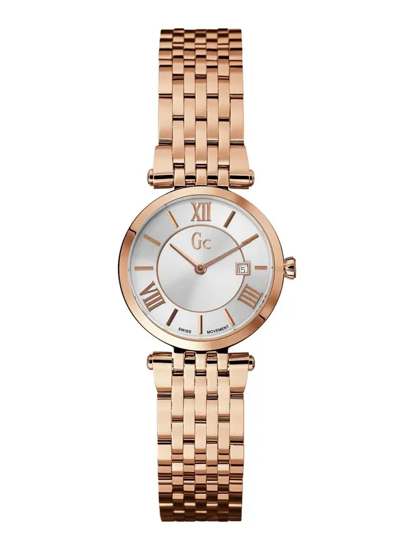 GC-X57003L1S שעון GC שווצרי לאישה | דגם רוז גולד בלוח רומי עם תאריכון | שעון אופנתי איכותי כולל שנתיים אחריות יבואן רשמי | Guess Collection Rose Gold Tone 28mm Silver Dial Women';s Watch X57003L1S