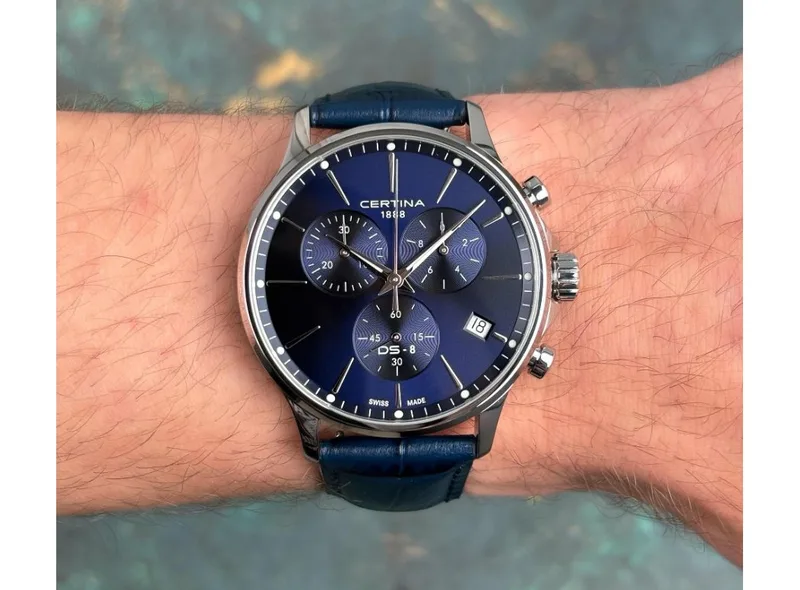 C045.417.16.041.00 שעון סרטינה חדש לברים ברצועת עור כחולה | דגם כרונגרף | מנגנון שווצרי כולל 5 שנים אחריות יבואן רשמי | Certina DS-8 Chrono C0454171604100 Blue Dial 41mm
