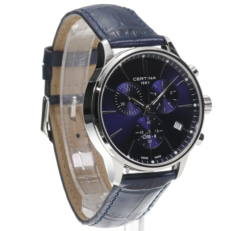 C045.417.16.041.00 שעון סרטינה חדש לברים ברצועת עור כחולה | דגם כרונגרף | מנגנון שווצרי כולל 5 שנים אחריות יבואן רשמי | Certina DS-8 Chrono C0454171604100 Blue Dial 41mm