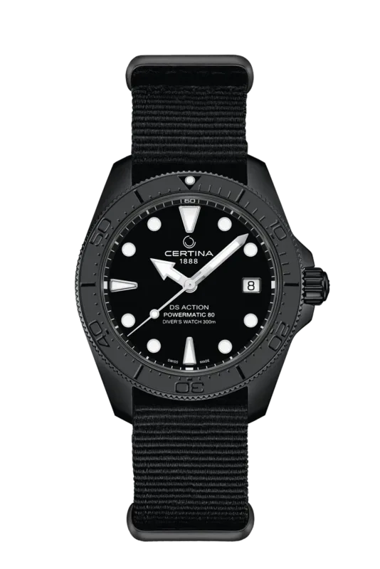 C048.807.38.051.00 שעון חדש של סרטינה לגבר | דגם מושחר מנגנון אוטומטי החדש | דגם 38 מ';';מ | ברצועת נאטו שחורה | 5 שנים אחריות יבואן רשמי | Certina DS Action Diver 38mm Powermatic 80 C0488073805100