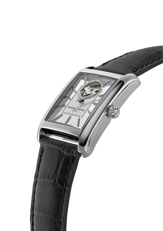 FC-311S4C6 שעון אלגנטי יוקרתי מלבני של פרדריק קונסטנט לגברים | לוח כסוף סאנריי עם לב פתוח | מנגנון אוטומטי גב שקוף | שנתיים אחריות יבואן רשמי | Carr?e Heart Beat Automatic FC-311S4C6