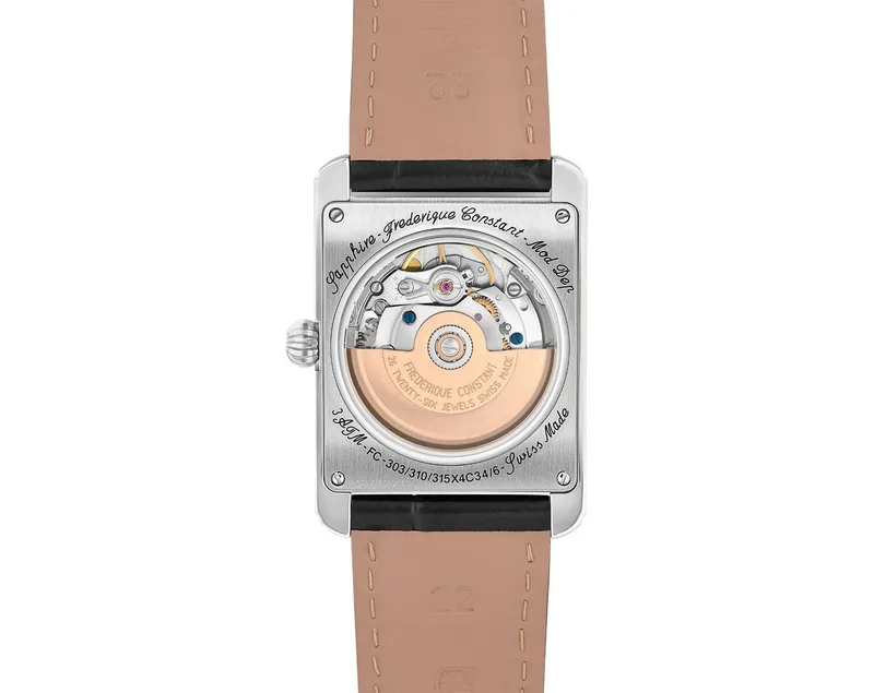 FC-311S4C6 שעון אלגנטי יוקרתי מלבני של פרדריק קונסטנט לגברים | לוח כסוף סאנריי עם לב פתוח | מנגנון אוטומטי גב שקוף | שנתיים אחריות יבואן רשמי | Carr?e Heart Beat Automatic FC-311S4C6