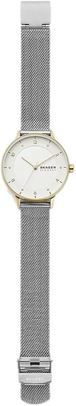 SKW2912 שעון יד סקאגן לאישה | דגם קלאסי לוח מספררים | מסגרת זהב ברצועת רשת אופנתית | שנתיים אחריות יבואן רשמי | Skagen Riis Quartz Silver Dial Ladies Watch SKW2912