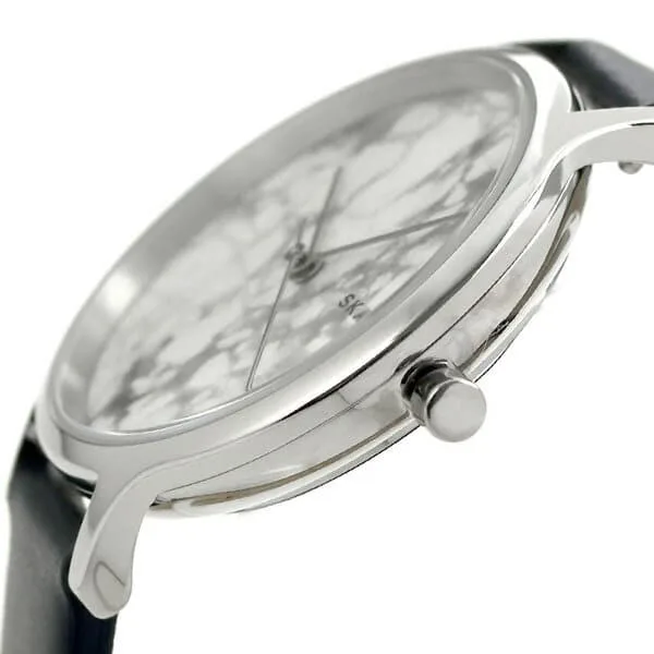 SKW2719 שעון יד סקאגן דנמרק לנשים | דגם בלוח שיש מיוחד | רצועת עור כחולה ואלגנטית | שנתיים אחריות יבואן רשמי | Skagen Anita 34mm Steel White Dial & Blue Band Ladies Quartz Watch SKW2719