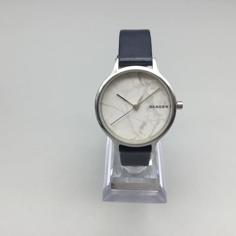 SKW2719 שעון יד סקאגן דנמרק לנשים | דגם בלוח שיש מיוחד | רצועת עור כחולה ואלגנטית | שנתיים אחריות יבואן רשמי | Skagen Anita 34mm Steel White Dial & Blue Band Ladies Quartz Watch SKW2719