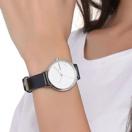 SKW2719 שעון יד סקאגן דנמרק לנשים | דגם בלוח שיש מיוחד | רצועת עור כחולה ואלגנטית | שנתיים אחריות יבואן רשמי | Skagen Anita 34mm Steel White Dial & Blue Band Ladies Quartz Watch SKW2719