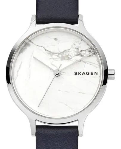 SKW2719 שעון יד סקאגן דנמרק לנשים | דגם בלוח שיש מיוחד | רצועת עור כחולה ואלגנטית | שנתיים אחריות יבואן רשמי | Skagen Anita 34mm Steel White Dial & Blue Band Ladies Quartz Watch SKW2719