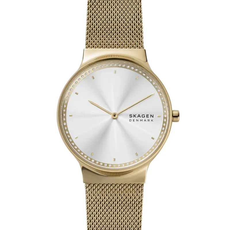 SKW3027 שעון סקאגן זהב לאישה | דגם ברצועת רשת אופנתית | לוח כסוף משובץ זרקונים | שעון יד עם שנתיים אחריות יבואן רשמי | NEW Skagen Women';s Freja Quartz Watch w MESH Stainless Steel Strap Gold SKW3027