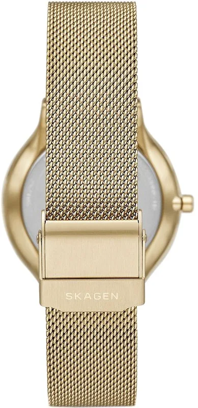 SKW3027 שעון סקאגן זהב לאישה | דגם ברצועת רשת אופנתית | לוח כסוף משובץ זרקונים | שעון יד עם שנתיים אחריות יבואן רשמי | NEW Skagen Women';s Freja Quartz Watch w MESH Stainless Steel Strap Gold SKW3027