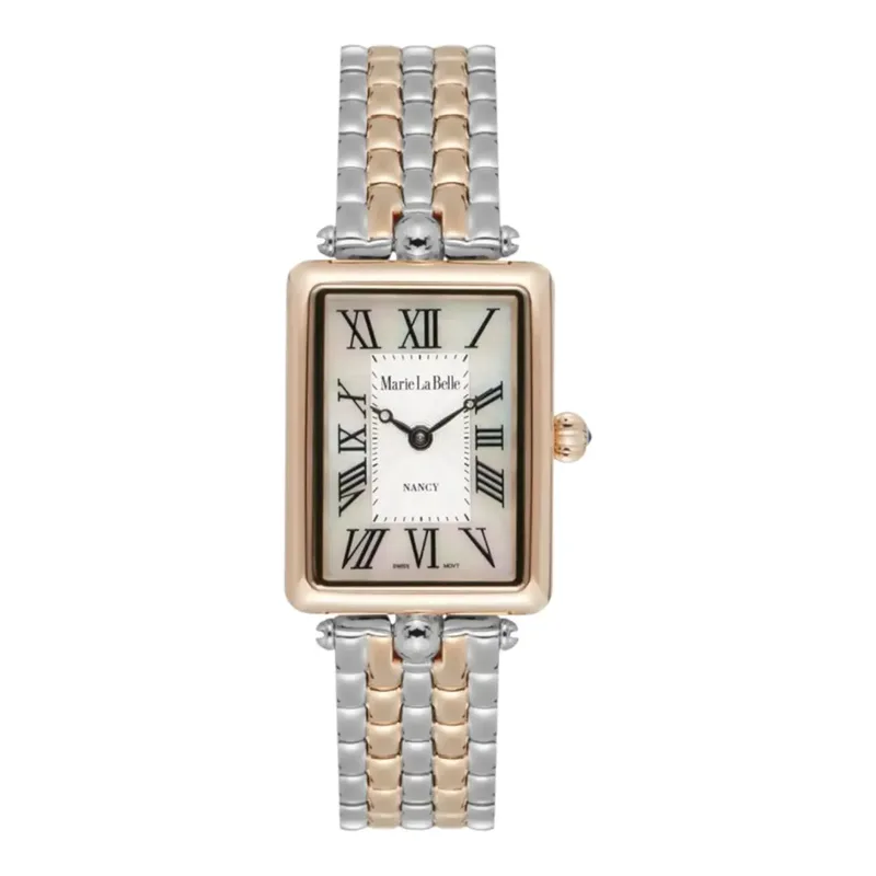 MLB.616.411 שעון מלבני של מרי לה בל | דגם משולב זהב רוז | מנגנון שווצרי עם זכוכית ספיר | לוח פנינה | Marie La Belle Watch – elegant women’s watch with timeless luxury design MLB.616.411