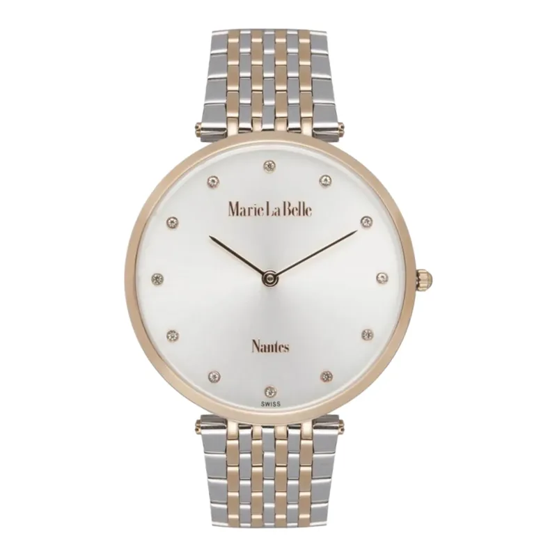 MLB.611.411 שעון יוקרתי אופנתי לנשים של מארי לה באל שוויץ | דגם משולב זהב רוז בלוח כסוף משובץ זרקונים | Marie La Belle Watch – elegant women’s watch with timeless luxury design MLB.611.411