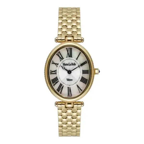 MLB.615.211 שעון אופנתי יוקרתי שווצרי של מרי לאבל מונקו | דגם זהב אובלי בלוח פנינה רומי | זכוכית ספיר | שנתיים אחריות | Marie La Belle Watch – elegant women’s watch with timeless luxury MLB.615.211