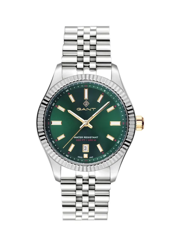 G171014 שעון גאנט לאישה יבואן רשמי | דגם 36 מ';';מ בלוח ירוק מיוחד | שעון עמיד למים | מחוגים זהב למראה יוקרתי | שנתיים אחריות | Ladies Watch GANT Sussex Stainless Steel Bracelet G171014